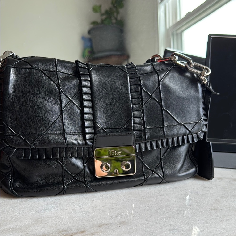 Dior Miss Dior New Lock Ruffle Trim Shoulder Bag (Medium) in Black Lambskin